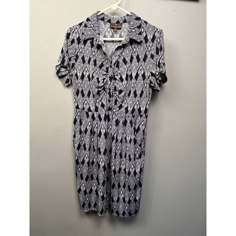 Fenn Wright Manson Dress Womens 8 Blue Geometric Diamond Ruched Pockets Shirt